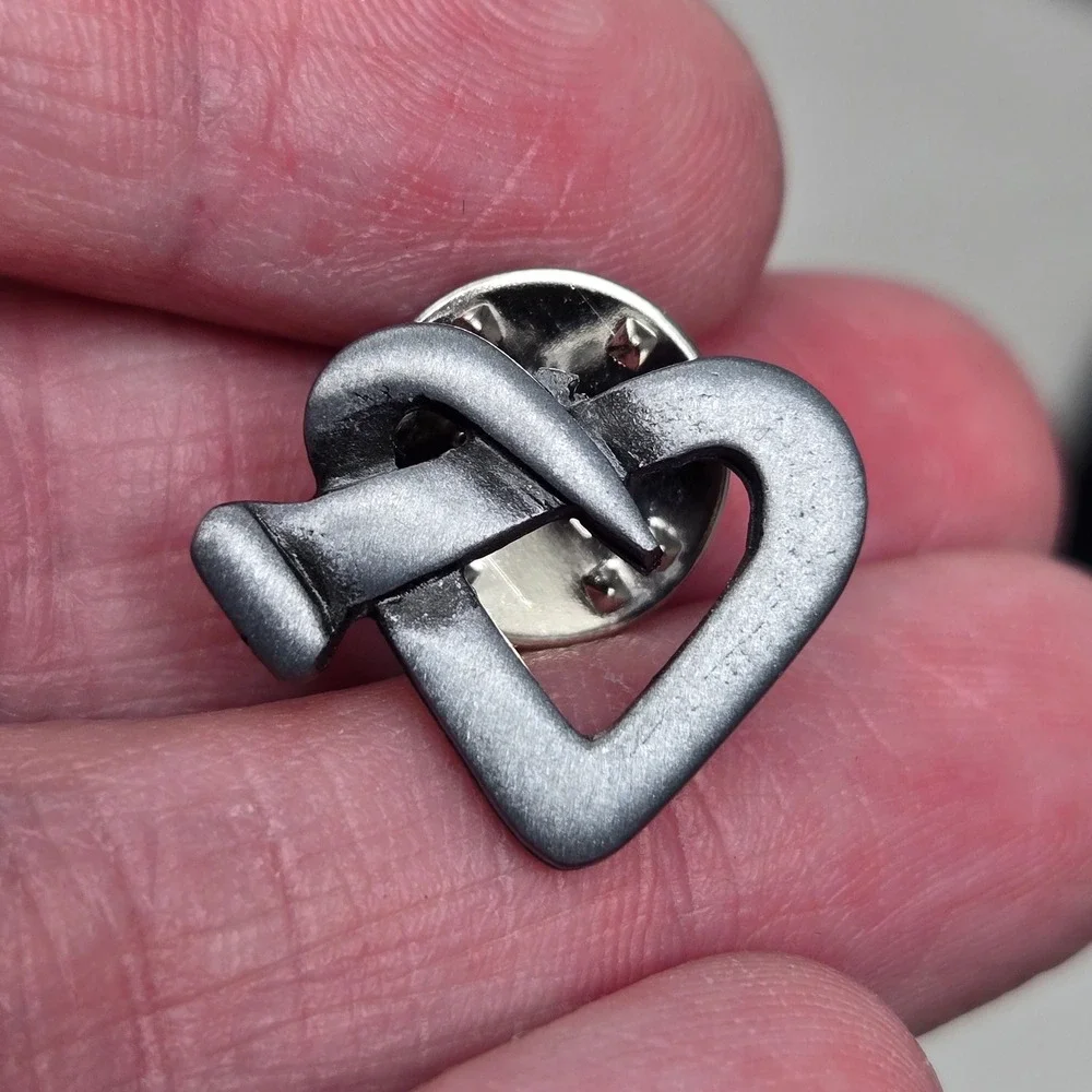 CTA Vintage Pewter Tone Bent Nail Heart Lapel Pin Edgy Industrial Jewelry